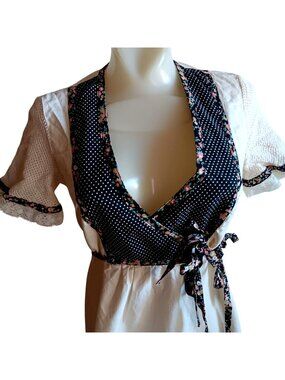 True Vintage Peasant Dress 70's Floral Polka Dot Wrap Lace Trim Mesh Sleeve 1OF1